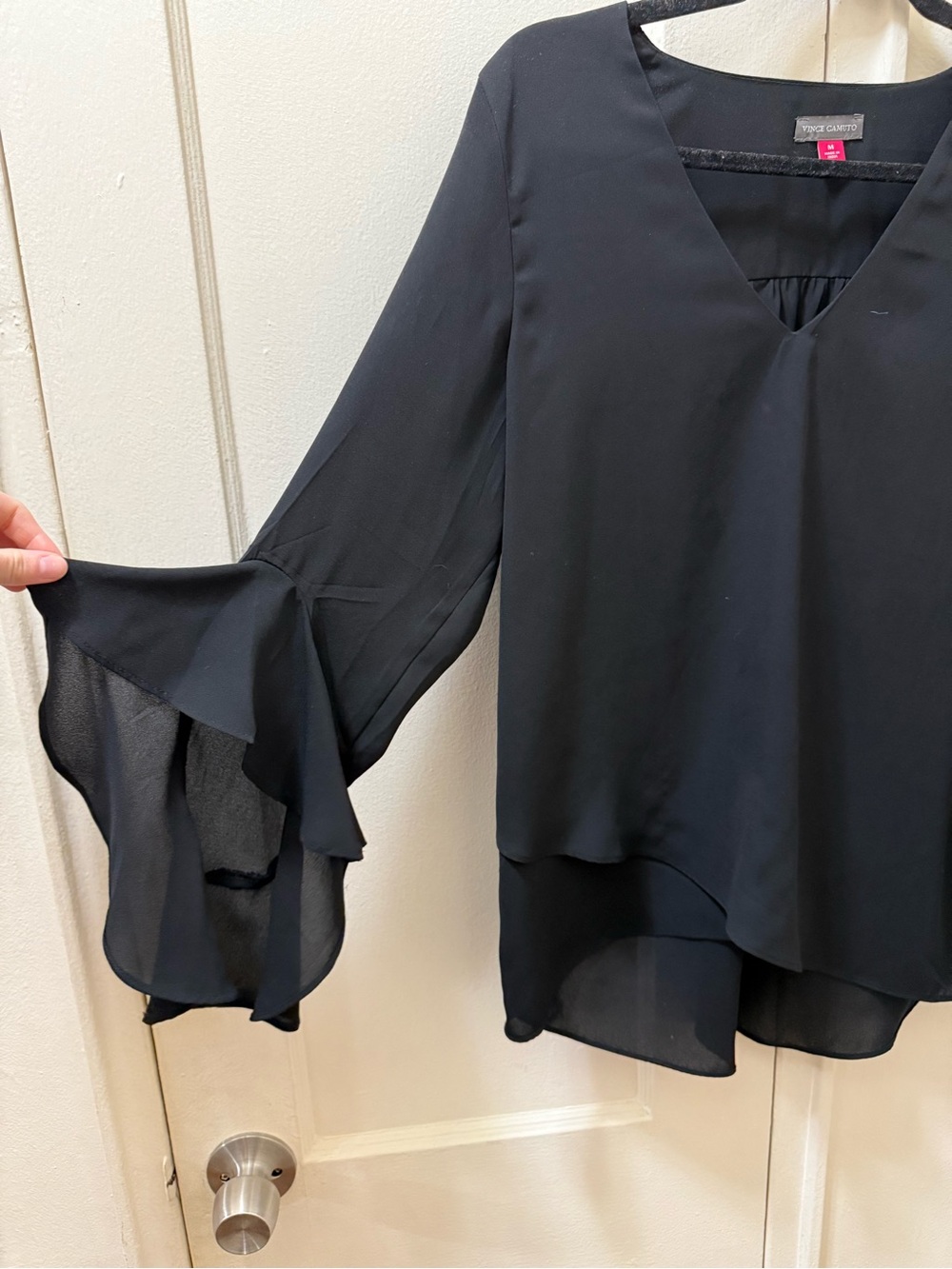Vince Camuto Black Layered Ruffle Sleeve V-Neck Blouse